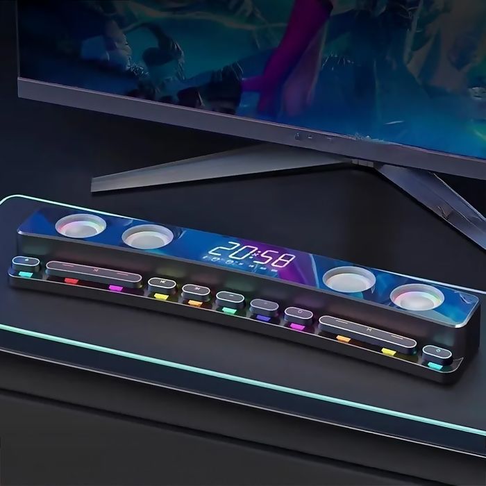 Barra de sonido DAM SH39 Bluetooth 5.4 con botones mecánicos, pantalla e iluminación RGB. Batería de 3600 mAh. Para juegos y cine en casa. Color negro.