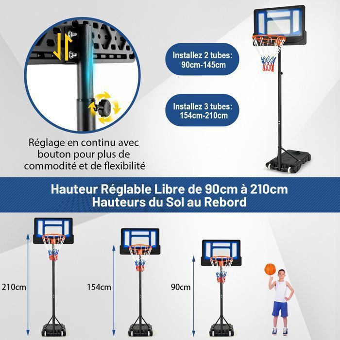 Aro de baloncesto independiente COSTWAY con ruedas - Altura ajustable de 90 a 210 cm - Tablero de PE - Rellenable con agua o arena - Para mayores de 3 años - Azul
