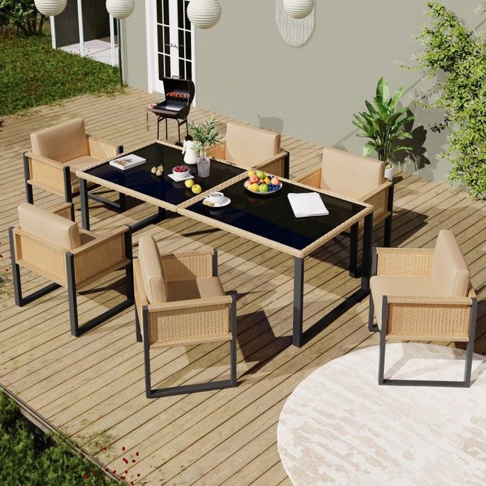 Set da giardino in polyrattan con tavolo e 6 sedie, poltrone con fodere sfoderabili e lavabili, nero e marrone, 170x80x75 cm / 55x55x80 cm