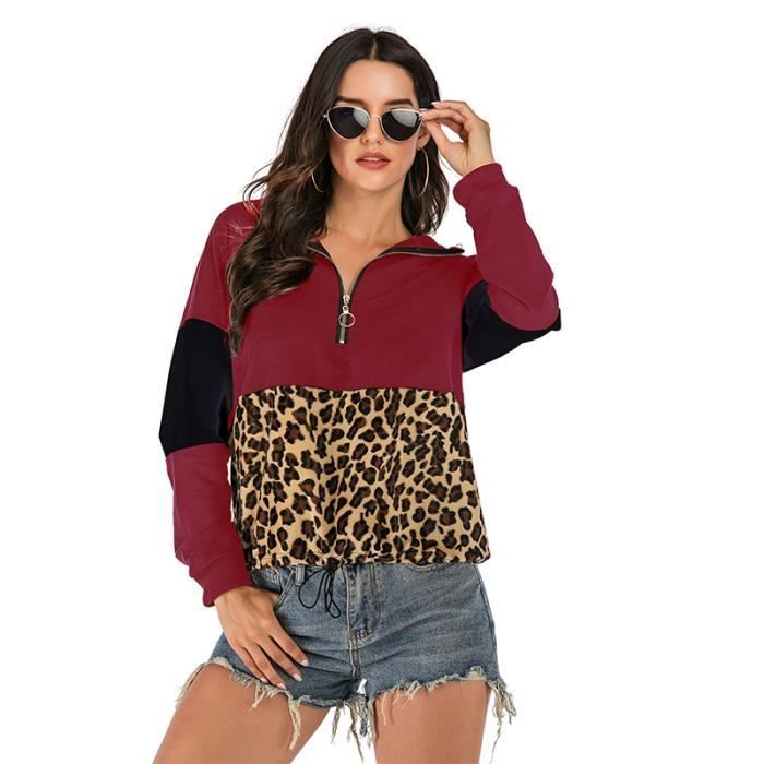 Sweat Femme à manches longues en capuchonné de Marque Sweat-shirt imprimé léopard pull Femme fashion demi zip,Rouge