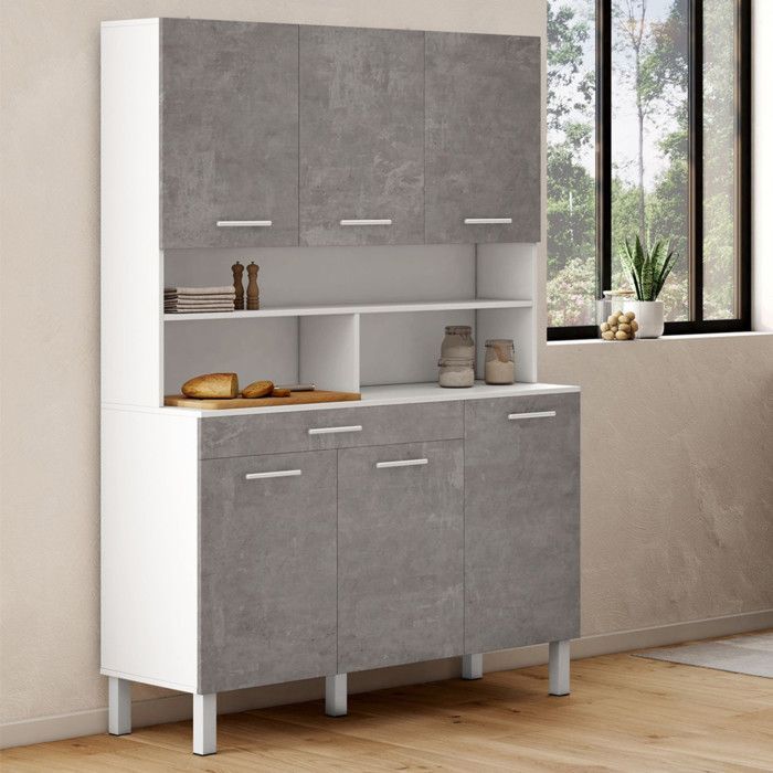 Aparador de cocina IDMARKET CINA de 120 cm con 6 puertas + cajón, color blanco y efecto hormigón.