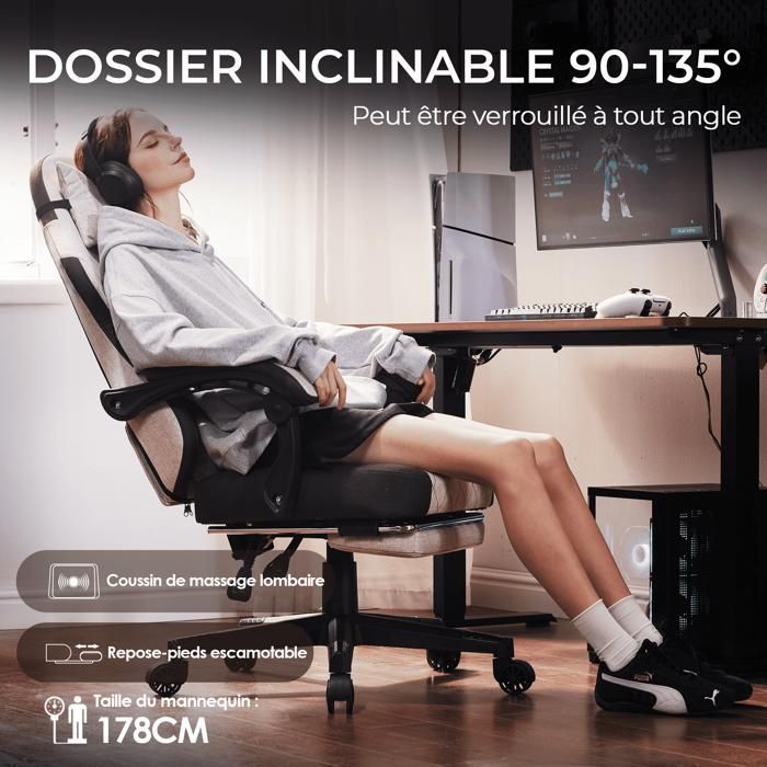 Chaise Gaming Ergonomique - Dowinx - Tissu Résistant - Soutien Lombaire - Repose-Pieds - Marron