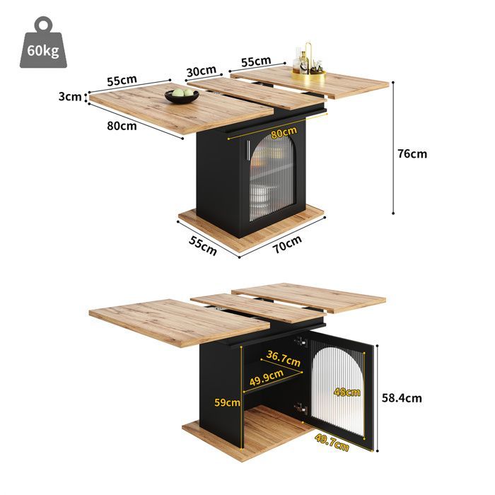 Table à Manger Extensible avec Rangement, Table Carrée de Cuisine 4 a 6 Personne, Table Extensible Salle a Manger Naturel et Noir