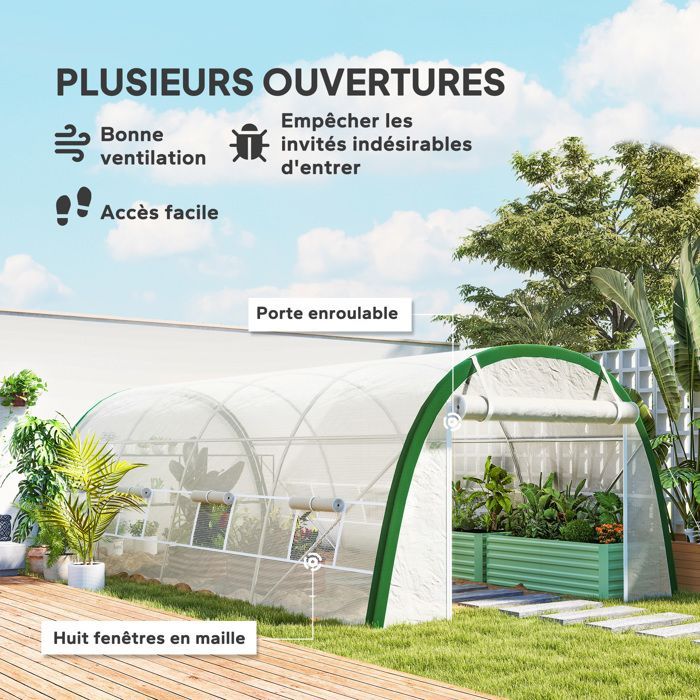 Serre de jardin tunnel - Outsunny - 18 m² serre tomates 8 fenêtres porte zippée acier galvanisé - PE - 6x3x2m - blanc