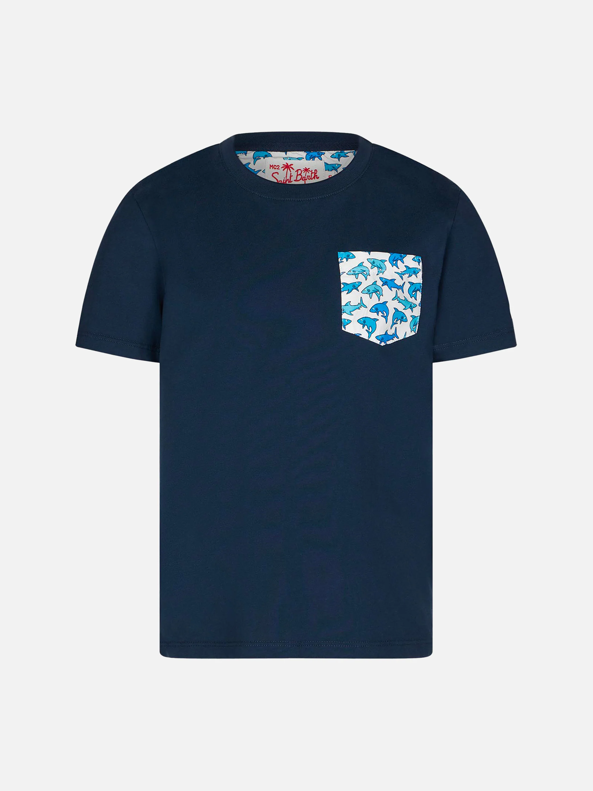 Kinder T-shirt van katoen met haaienprint op de zak