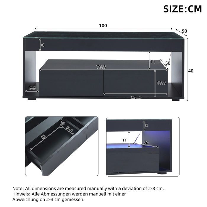 Mesa de centro con 2 cajones, espacio de almacenamiento e iluminación LED de 16 colores, tablero de cristal, estilo moderno, 100x50x40 cm, negro brillante.