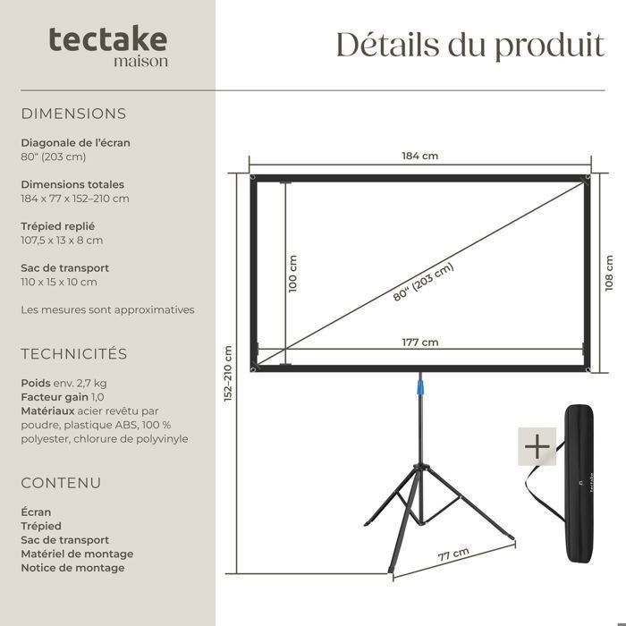 TECTAKE - Pantalla de proyección portátil de 80