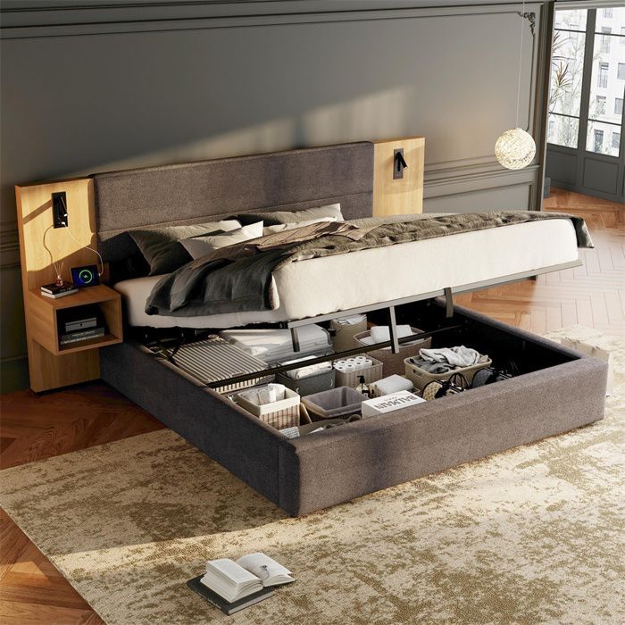 Cama de 180x200 con somier de láminas y mesita de noche, cama doble con espacio de almacenamiento, cabecero ancho y puerto USB, lámpara de lectura, terciopelo gris y madera.