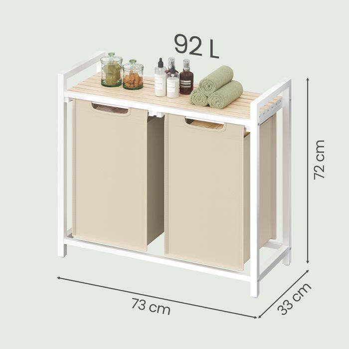 Cesto portabiancheria a 2 scomparti con ripiano portaoggetti, sacco rimovibile, struttura in metallo, 2 x 46 L, beige