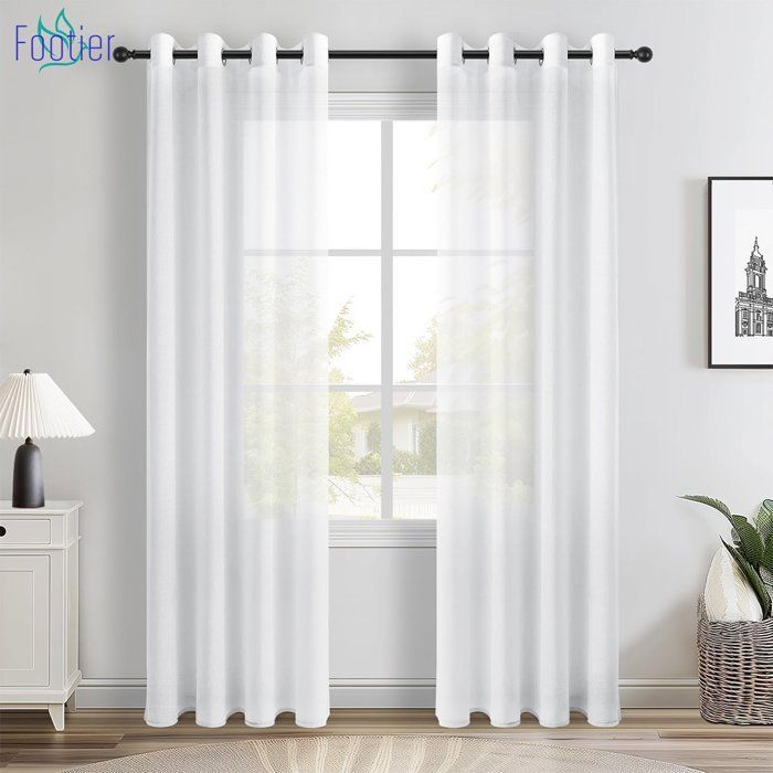 Juego de 2 cortinas blancas transparentes de 140x220 cm con efecto lino y ojales para dormitorio de adultos.