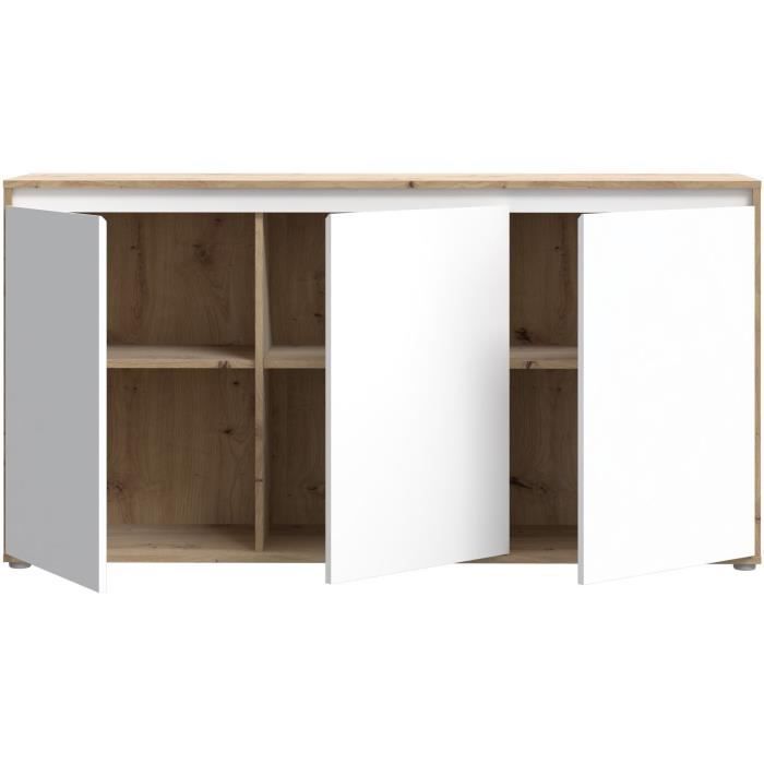 Aparador - SKELPE - Blanco mate y roble - 3 puertas + 3 estantes - 152,6 x 42 x 78,5 cm