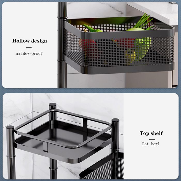 Carrito de cocina rodante de 3 niveles, carrito de metal con cesta giratoria, color negro, 28x28x54cm