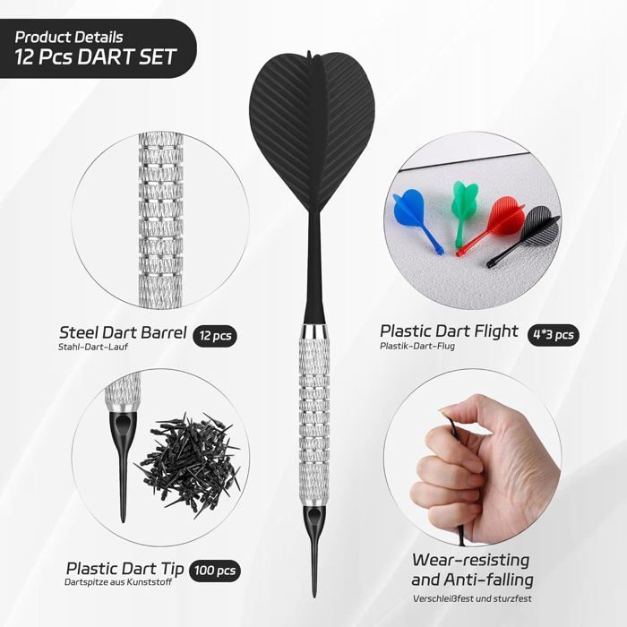 Set of 12 soft-tip darts with plastic tips and 100 plastic tips for electronic dartboards