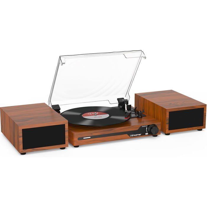 Giradischi vintage Bluetooth, 3 velocità, altoparlanti stereo, uscita RCA e Aux-In, portatile, arresto automatico