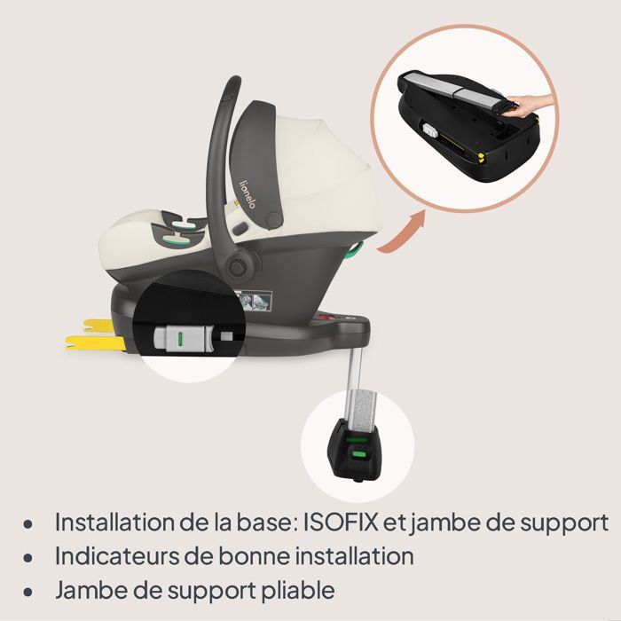 Seggiolino auto LIONELO Astrid i-Size (40-87 cm) con base ISOFIX - ADAC - Porta-neonati - Leggero - Crema