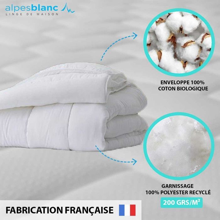 ALPES BLANC - Couette été Éco 200 g/m² 240x220 cm - Enveloppe 100% coton bio - Respirante, légère et durable – Fabriquée en France
