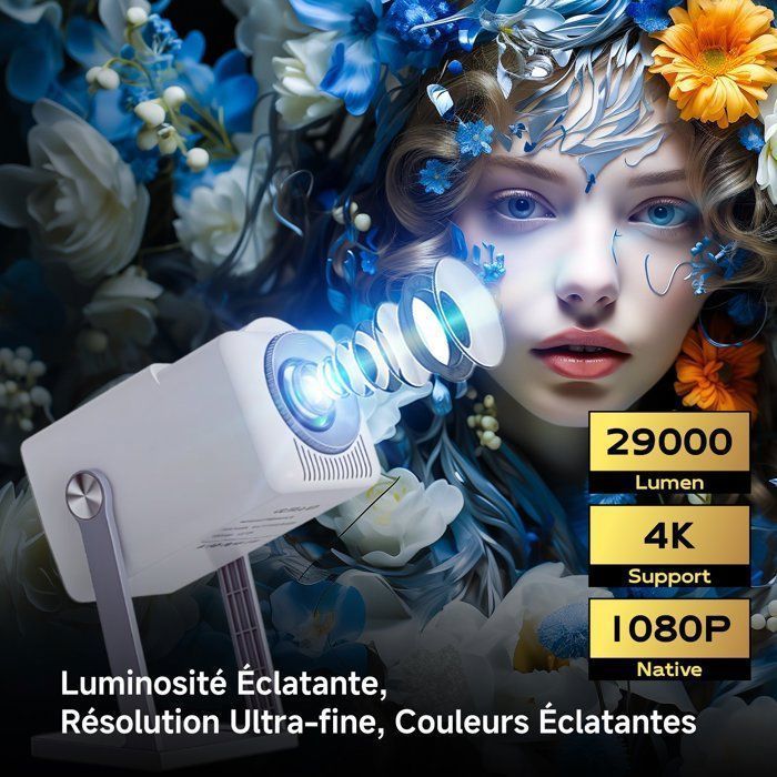 Projetor LaylaTang K300 4K Android TV - 29000 Lumens - WiFi 6 - Projetor portátil com correção automática de distorção trapezoidal - Rotação de 360° - BT 5.0