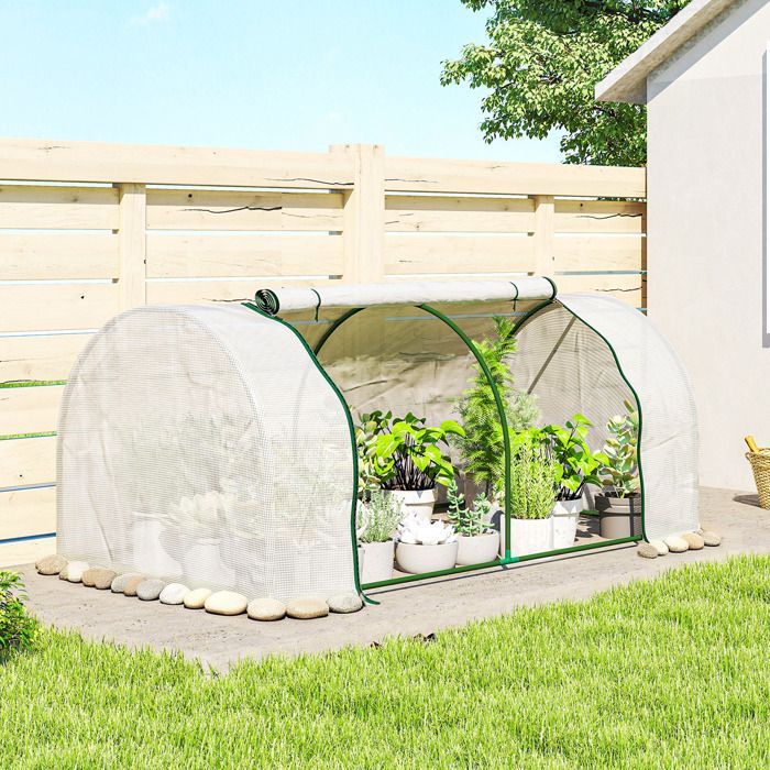 Invernadero de jardín - Outsunny - puerta enrollable con cremallera y cordón - 2 x 1 x 0,8 m - cubierta de PE blanca con ribete de acero verde