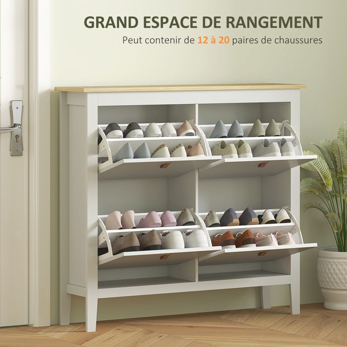 Schuhschrank – HOMCOM – 20 Paar – 4 Schubladen, Klapptüren, herausnehmbare und verstellbare Einlegeböden – 105 x 24 x 95,5 cm – weiß