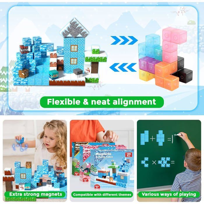 Construction Magnetique Enfant - 100 Pièces Cube Magnétique Construire Un Monde de Neige - Montessori Jouets à Partir de 4 Ans