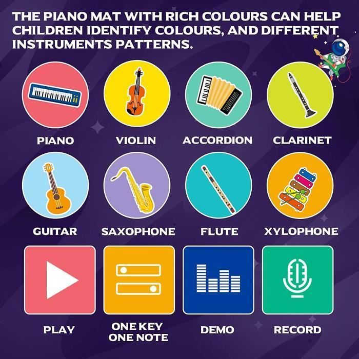 Tapis Piano Enfant, Ciel Étoilé Tapis Musical Jouets Éducatifs avec 8 Instruments, 10 Chansons et 20 Touches, 120 x 48 cm