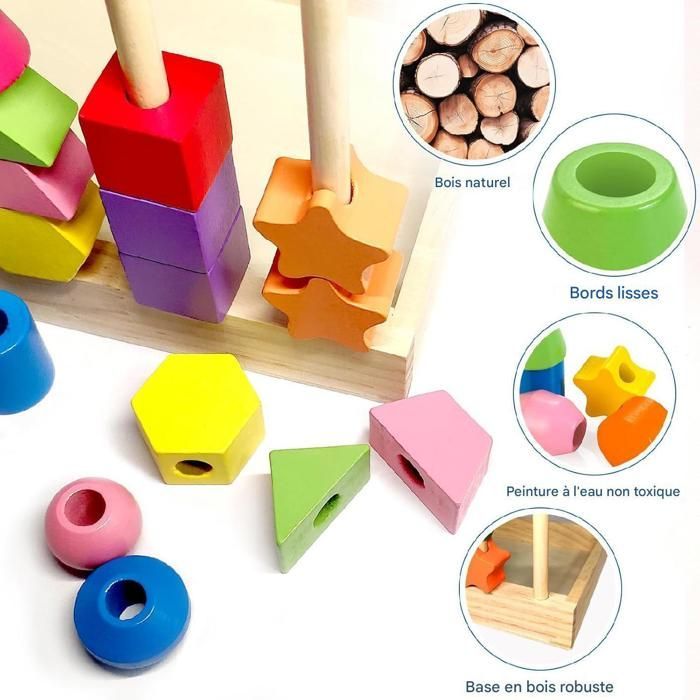 Juguete infantil para niños de 3 años: juguetes de madera para ensartar y ensartar 3 en 1, juguetes apilables y para ensartar, juegos Montessori para niños de 2 años, juego educativo 2