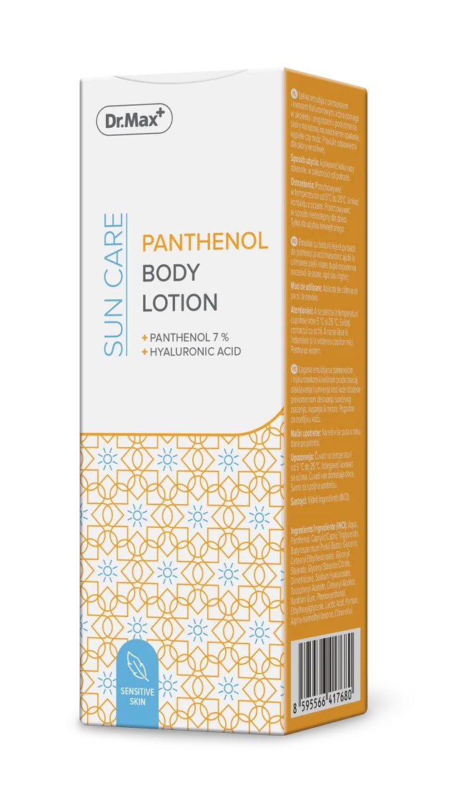 Loción corporal DR. MAX con pantenol, 200 ml, hidratante y calmante.