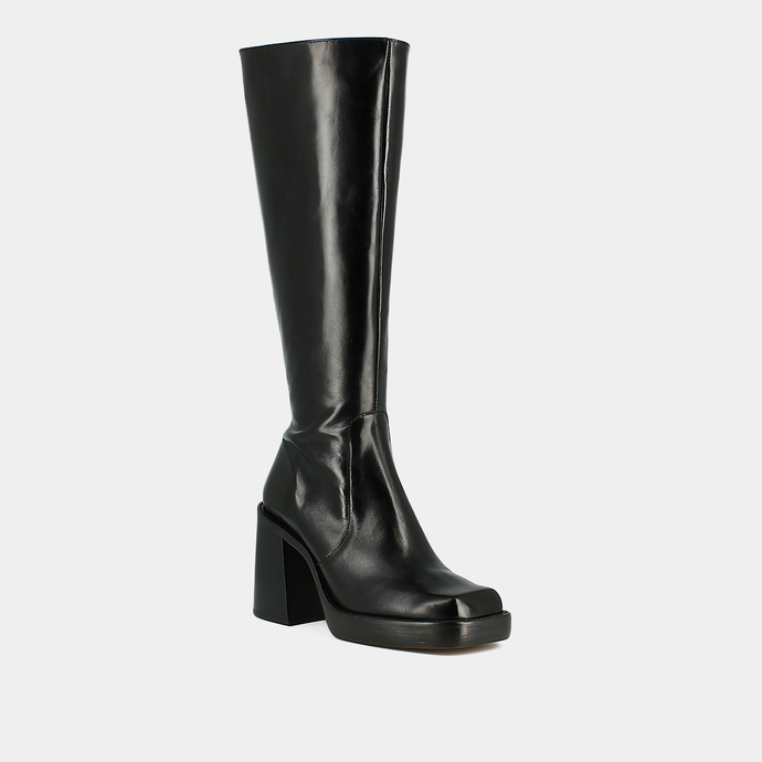 Bottes hautes à talons épais et bouts carrés  en cuir noir taille mollet M