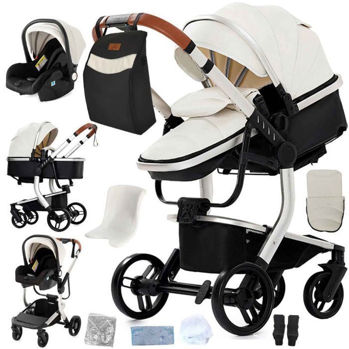 BAZARLAND30.Poussette 3 en 1 Bébé Combinée Siège-Auto Nacelle Trio Réversible cuir pu Roues increvables Canne.blanc