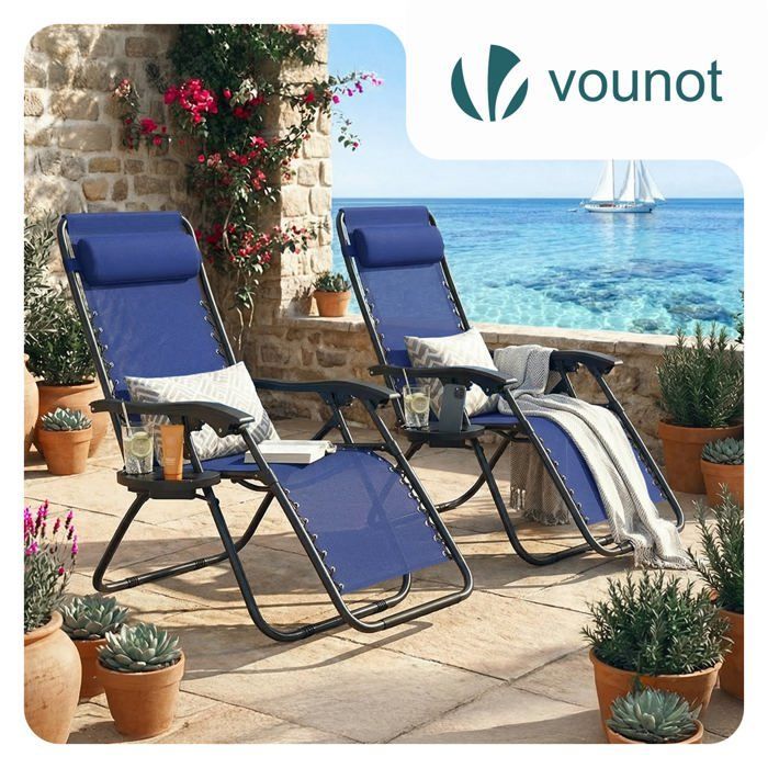 Juego de 2 sillones reclinables plegables VOUNOT® de textilene con portavasos - Carga máxima 120 kg - Azul