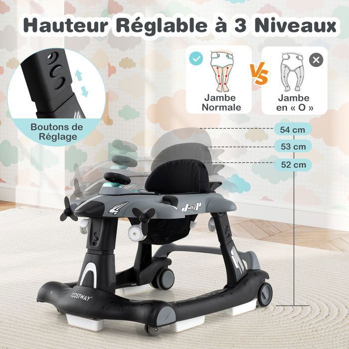 Andador plegable 6 en 1 para bebés COSTWAY - Diseño de avión - Altura ajustable - Caja de música con luces LED - Bandeja de alimentación - De 6 a 18 meses - Gris