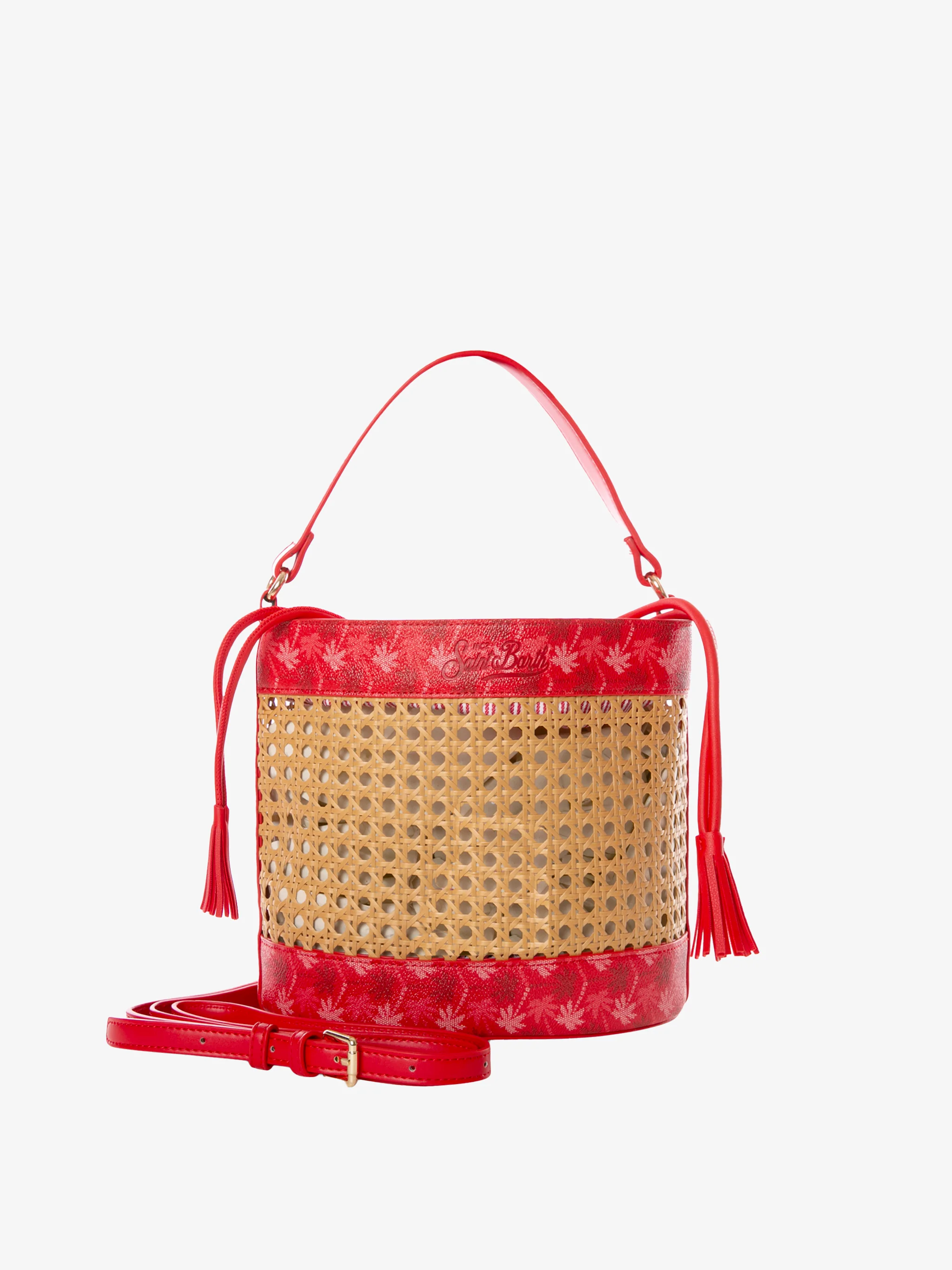 Rieten bucket bag met rode monogramdetails