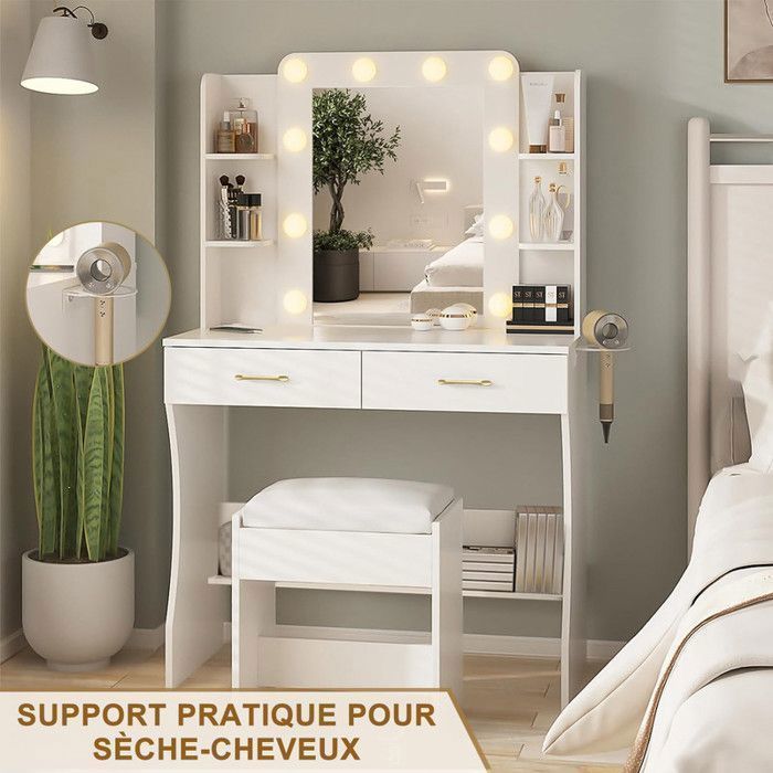 Dressing Table with LED Mirror and Stool - NHHF - 85x40x140 CM - 3 Lighting Modes - 2 Sockets and 2 USB Ports - 2 Drawers - 4 Shelves