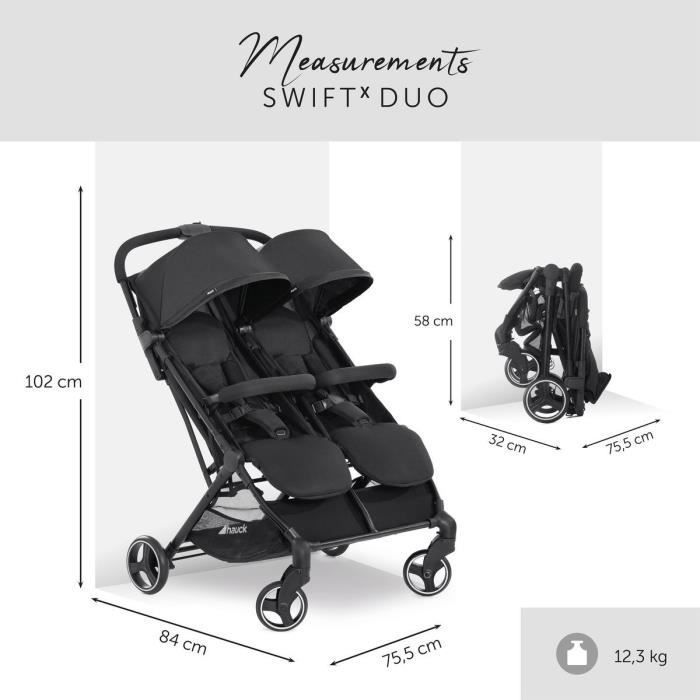 HAUCK - Double Stroller - SWIFT X DUO - 4 Wheels - One-Hand Fold - Black