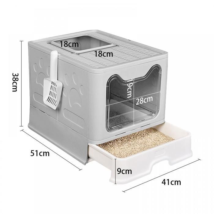 SUPFINE Bac à Litière pour Chat Fermée - Maison de Toilette pour Chat Pliable -41×51×38cm - 2 Portes - avec Couvercle et Tiroir
