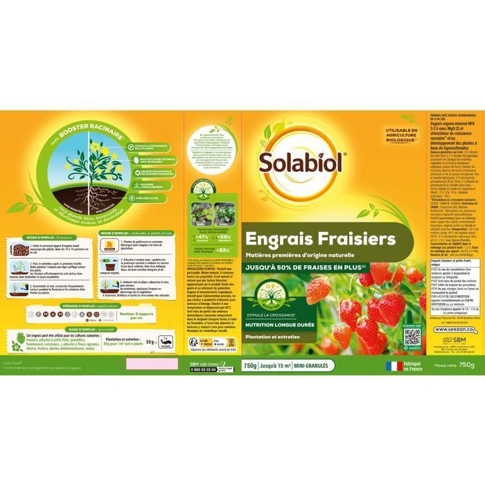 SOLABIOL Engrais fraisiers & petits fruits - 750g - Jusqu'à 15m² - Stimulateur de croissance - Nutrition longue durée