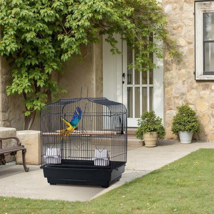 Volière pour Oiseaux Cage Canaries Perroquet Perruches Cacatoès Ara - métal - 48x48x17cm - Noir