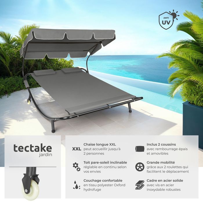 Bain de soleil - TECTAKE - Transat double en acier LIVORNO pour 2 personnes pare-soleil réglable 185 x 195 x 142-175 cm - Noir/Gris