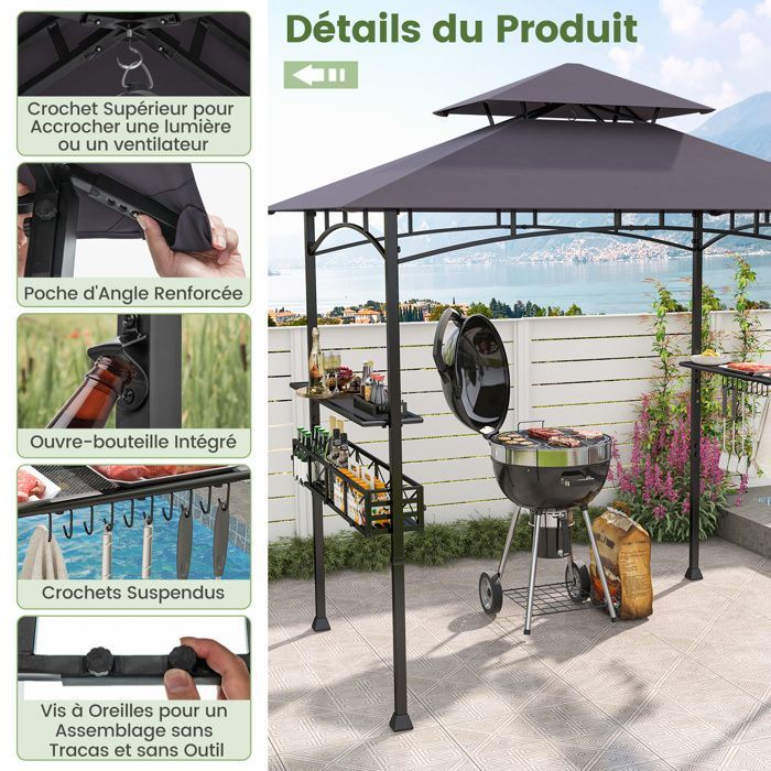 COSTWAY 242x153cm Barbecue Gazebo - 2-Tier Roof - 2 Side Shelves - Storage Basket - Hanging Hooks - Bottle Opener - Grey
