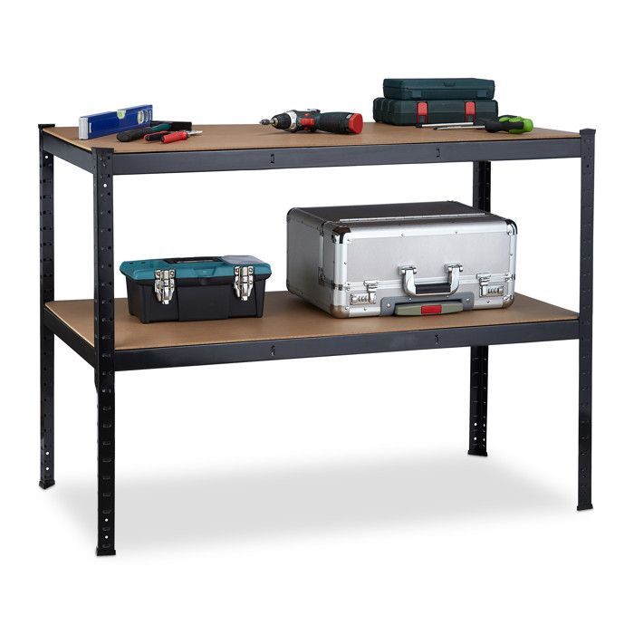 Banco de trabajo Relaxdays, 2 niveles, altura regulable, mesa de taller independiente, acero y MDF, 90 x 120 x 60 cm (alto x ancho x profundidad), negro.
