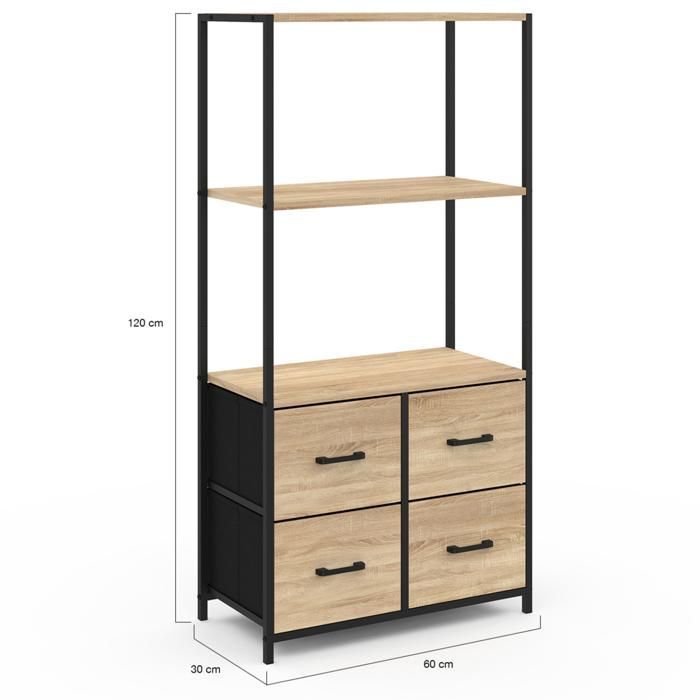 IDMARKET UTAH 3-Tier Shelving Unit with 4 Fabric Drawers, 120 cm, Industrial Design Storage Unit