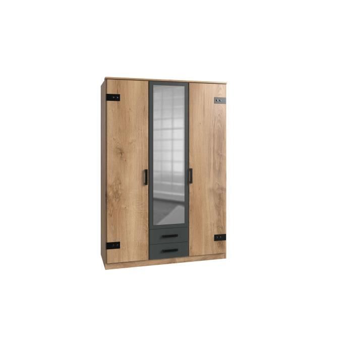 Armario CORFOU - Acabado en roble y gris antracita + Espejo - 3 puertas batientes - 2 cajones - 135 x 58 x 199 cm (ancho x profundidad x alto)