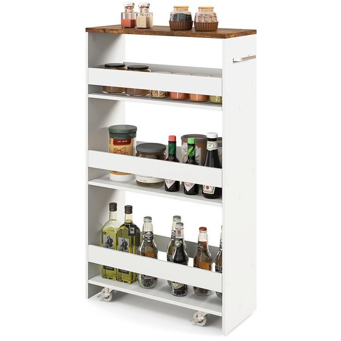 GIANTEX Desserte de Cuisine avec Roulettes à 4 Niveaux, Chariot de Service Étroit avec Poignée, 47,5 x 20 x 80,5 cm, Blanc+Marron