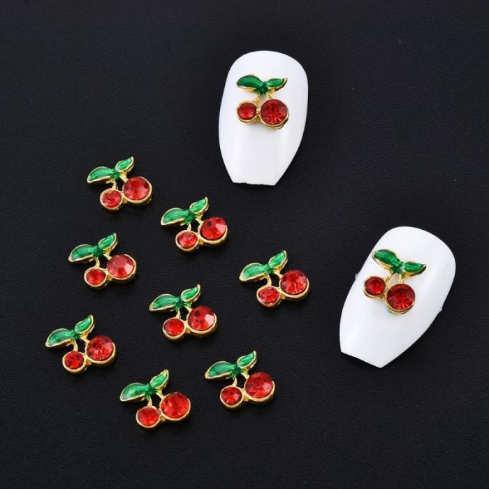 Lot de 10 strass décoratifs en alliage rouge en forme de cerise, pour ongles, bijoux d'ongles 3D.