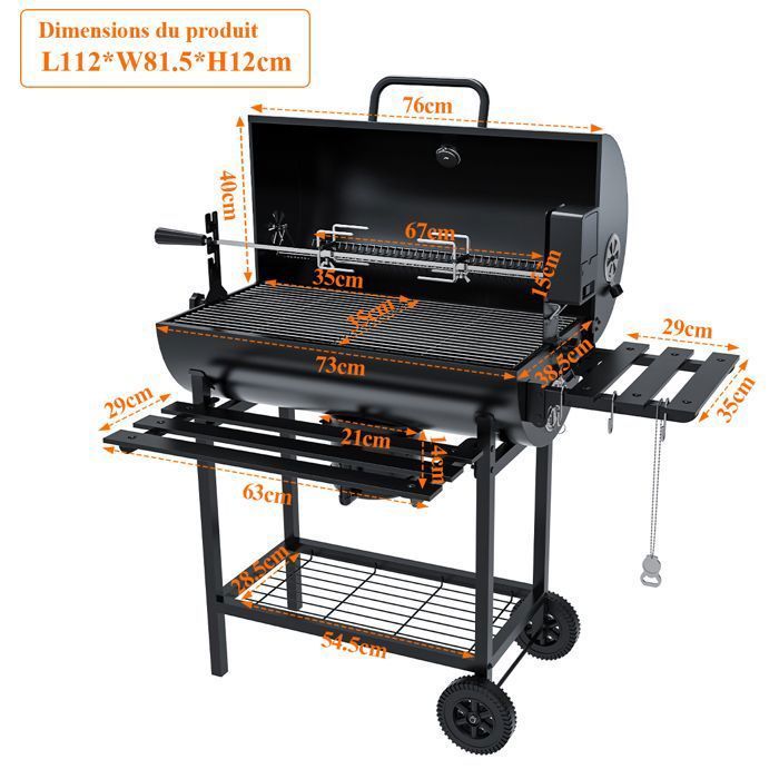 Barbecue Charbon de Bois - Grand Barbecue avec Broche électrique et 2 Tablettes Pliable - Thermomètre, Tiroir à Cendres et 2 Roues