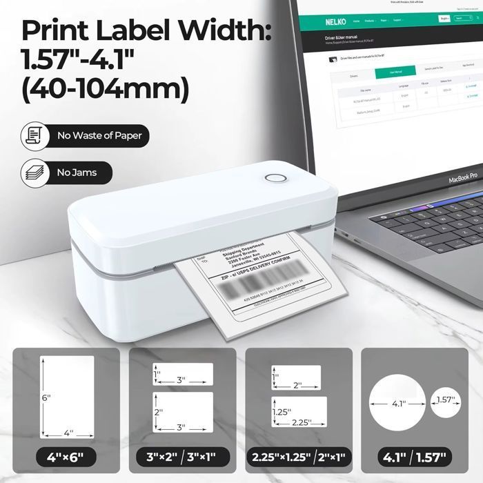 Imprimante Thermique Étiquettes d'Expédition, Bluetooth/USB, 203 DPI, 10x15 cm (4x6), 150mm/s, Blanc