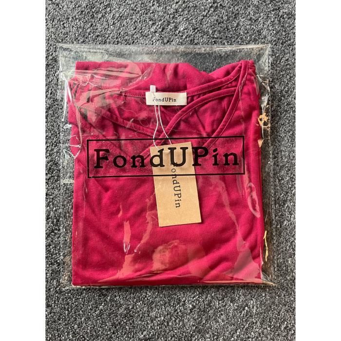 Camiseta de mujer - FONDUPIN - Camiseta sexy de verano - Rojo vino - Manga corta - Cuello en V