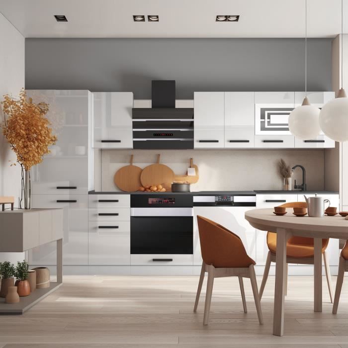 Cucina componibile completa Belini ROSA - 300 cm. Con piano di lavoro nero lucido.
