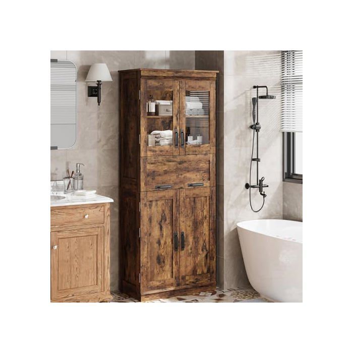 Mueble de baño, 170 cm de altura, con estantes ajustables, 4 puertas, 1 cajón y compartimento, color marrón.
