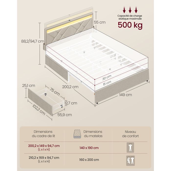 Lit double - VASAGLE - LED intégrée - 4 tiroirs - Beige cappuccino - Tête ajustable